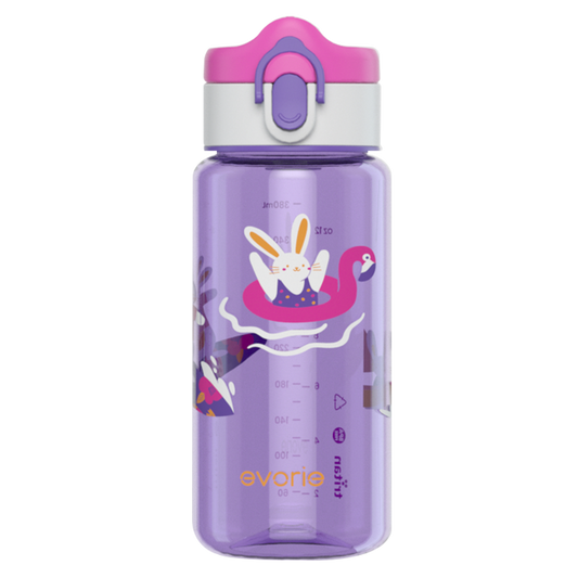 Evorie Tritan Kids Drinking Spout Water Bottle 380mL, Purple Bunny